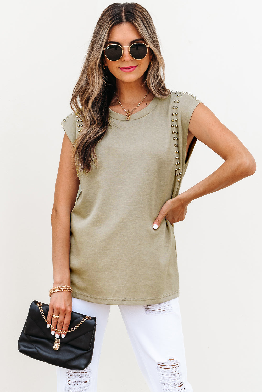 Studded Cap Sleeve Round Neck T Shirt eAura