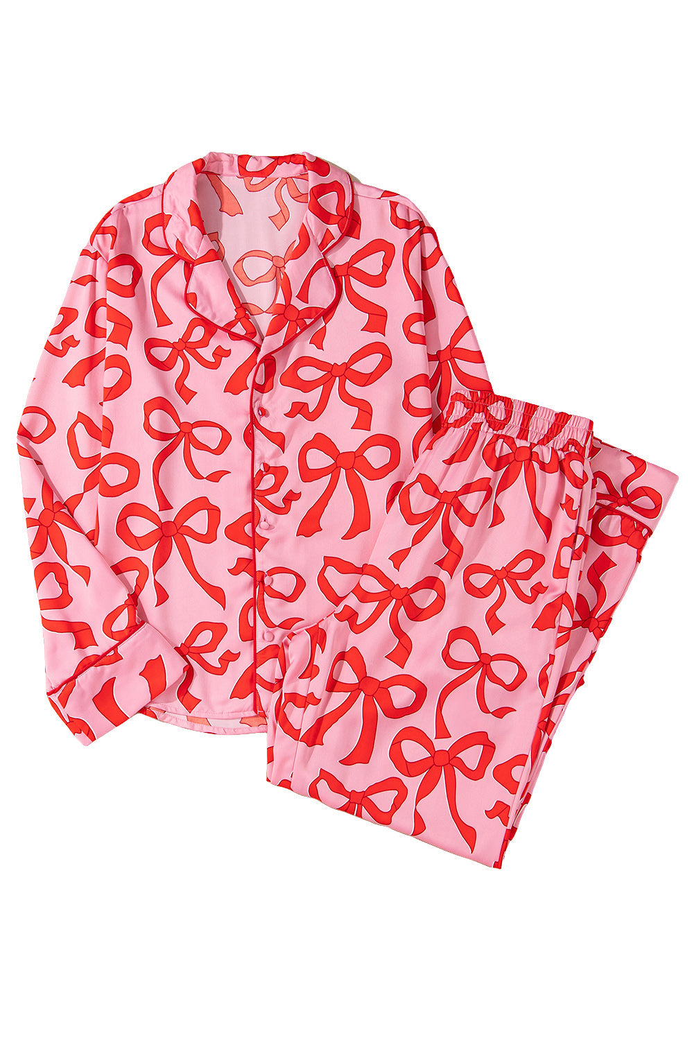 Pink 2pcs Bow Print Shirt Style Long Sleeve Pyjama Set eAura