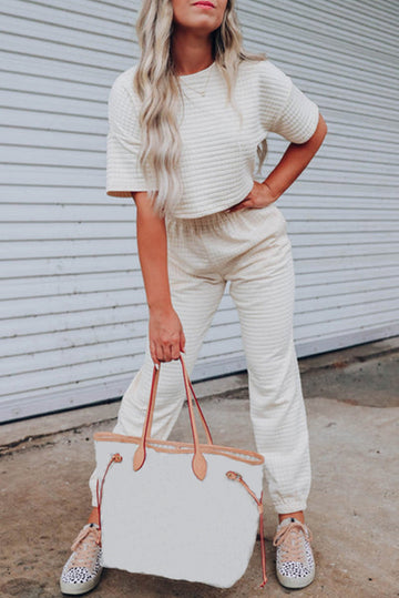 White Lattice Textured Cropped Tee and Jogger Pants Set BB Fashion Outlet