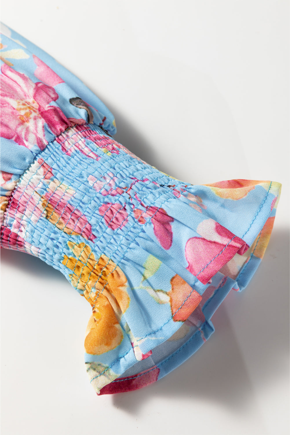 Sky Blue Floral Smocked Cuff Flounce Sleeve V-Neck Blouse eAura
