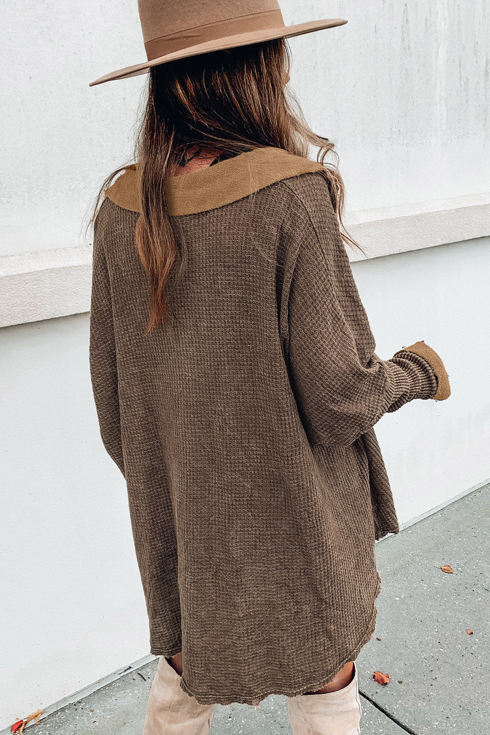 Brown Waffle Knit Buttoned Long Sleeve Top eAura