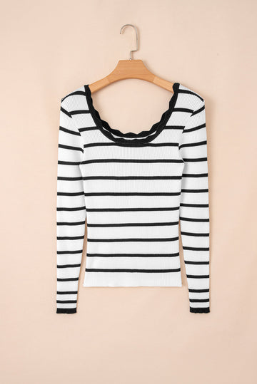Scalloped Trim U-Neck Striped Ribbed Slim Sweater Dear-Lover Dropshipping