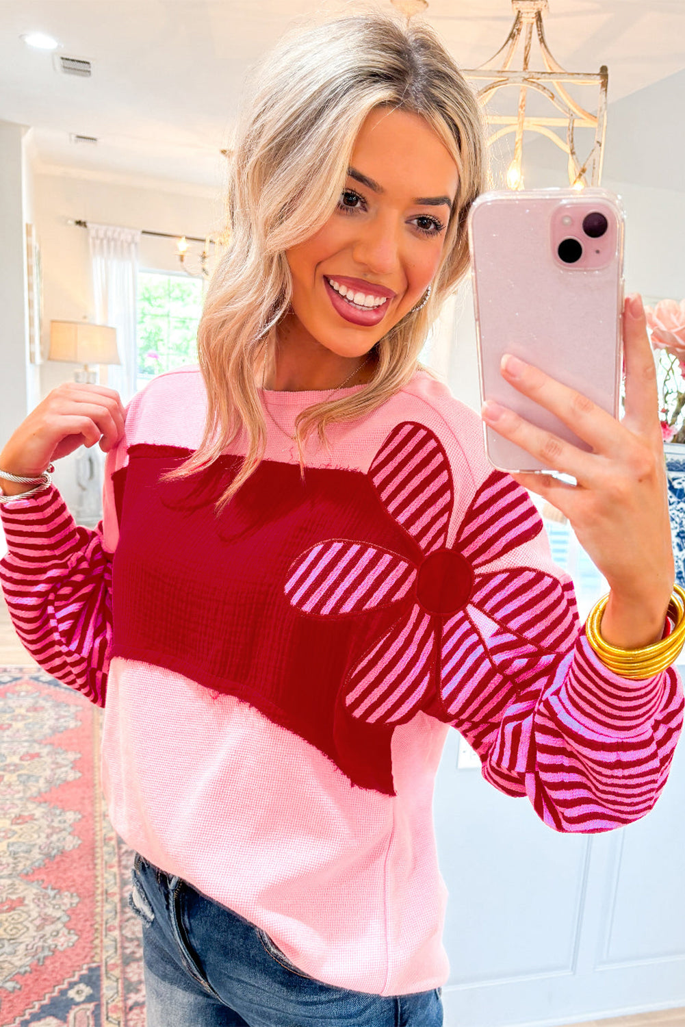 Pink Floral Patch Colour Block Striped Sleeve Textured Top eAura