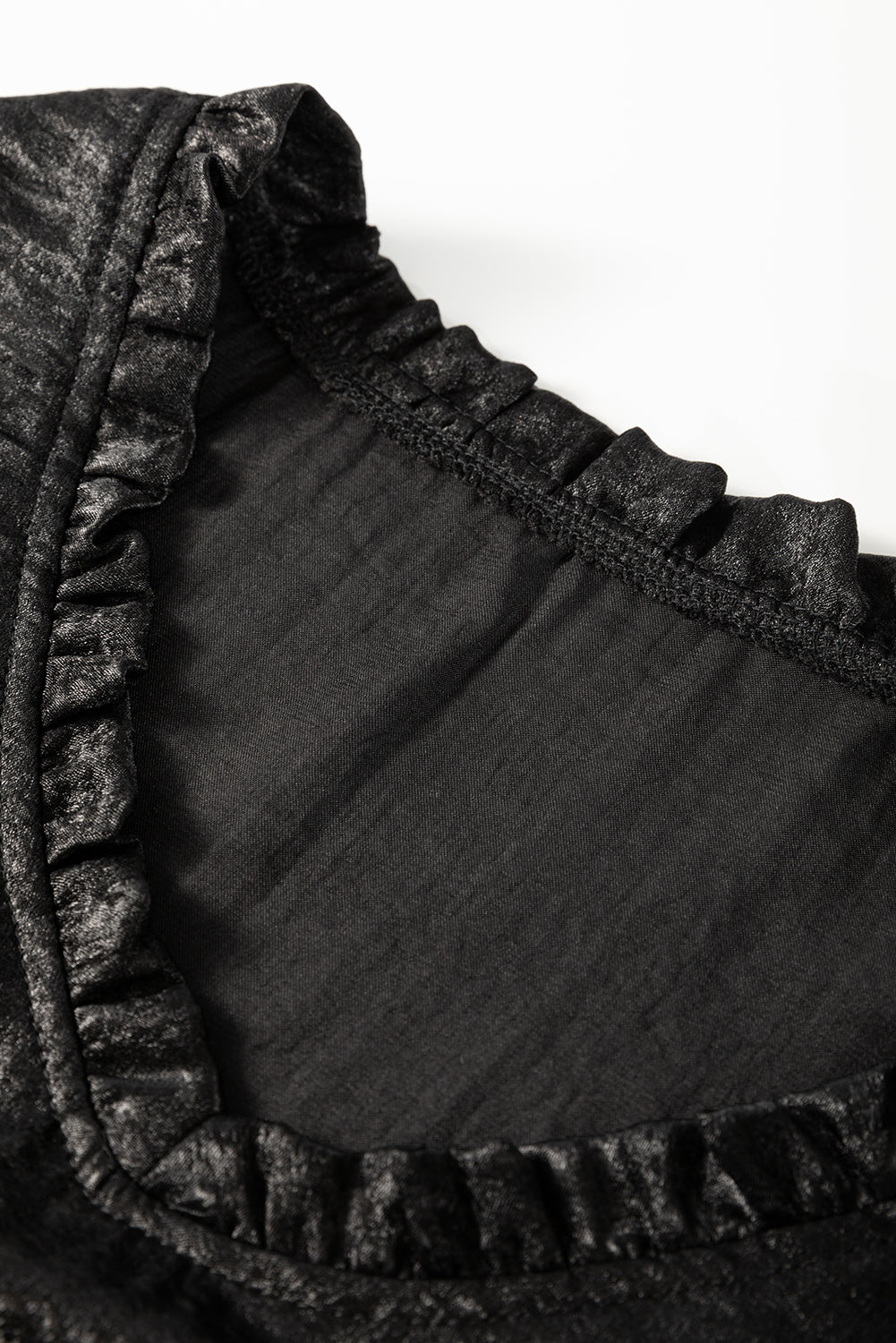 Black Metallic Frilled V Neck Puff Sleeve Babydoll Blouse eAura