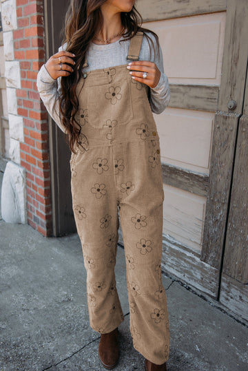 Khaki Flower Print Corduroy Overalls eAura