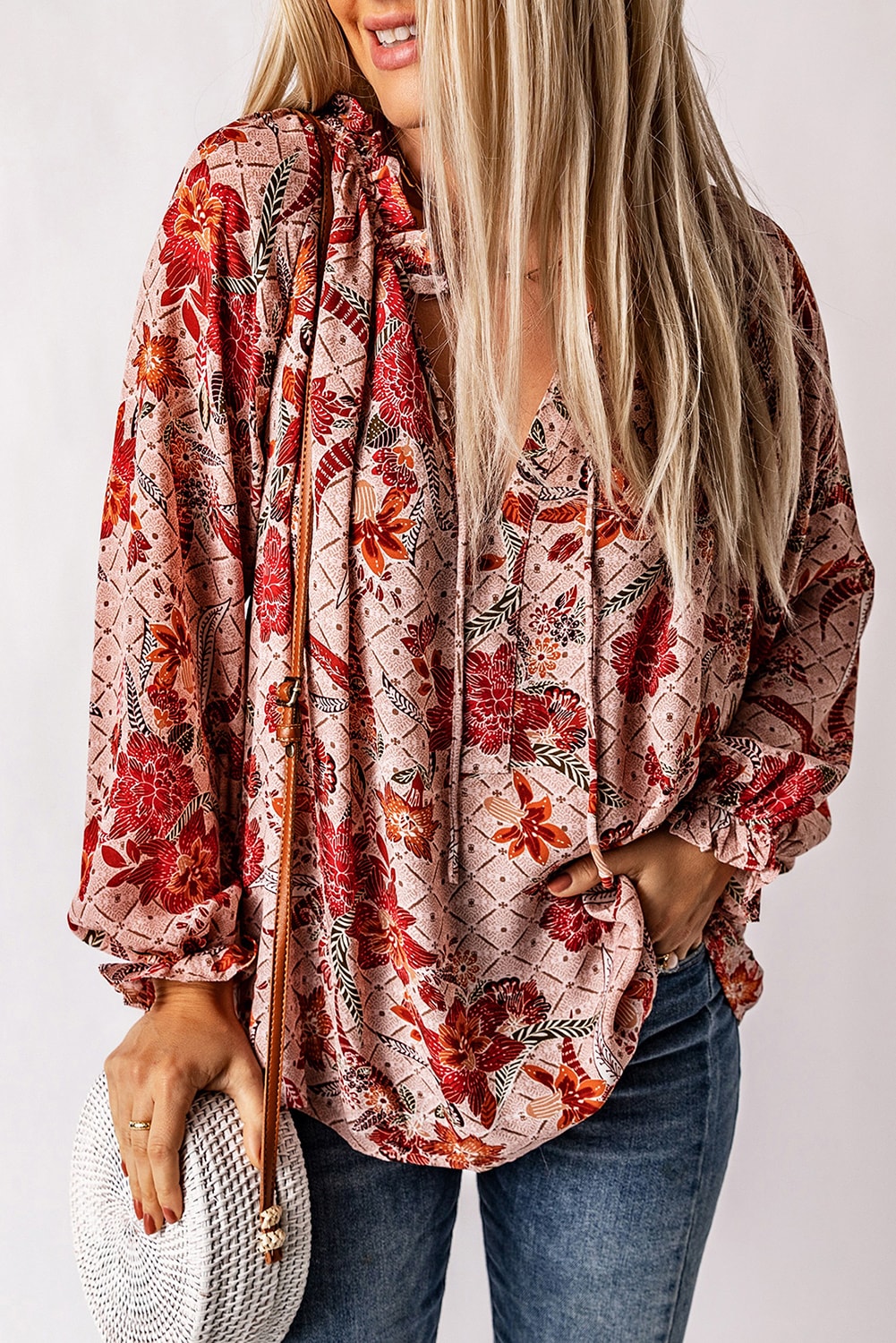 Pink Split V Neck Printed Blouse eAura