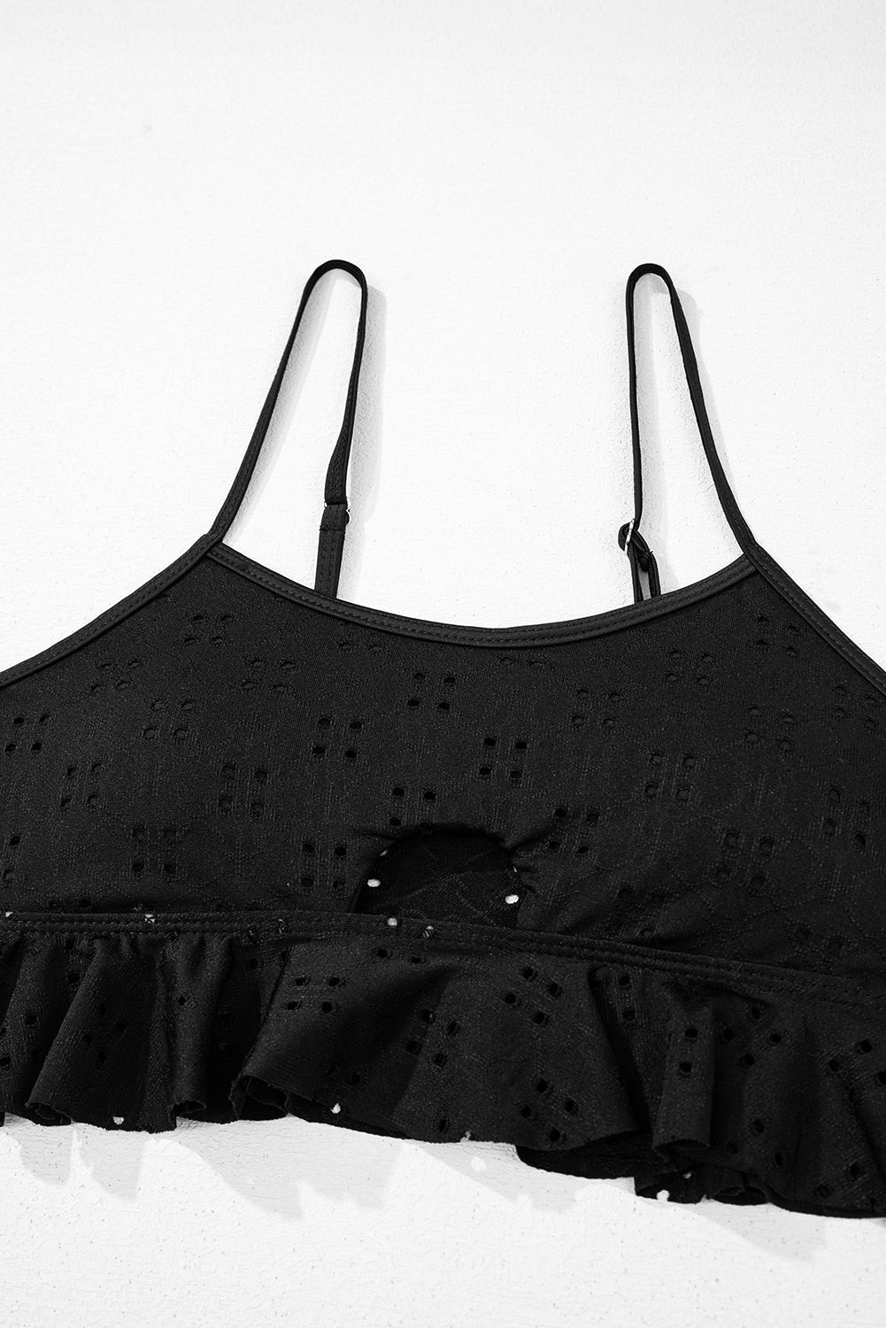 Black Eyelet Pattern Knotted Ruffle Trim 3pcs Bikini Set eAura