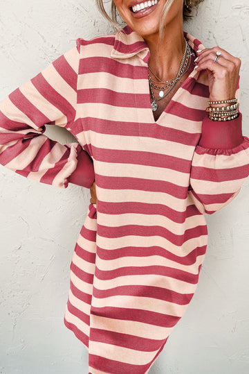 Pink Stripe Collared V Neck Long Sleeve Loose Casual Dress eAura