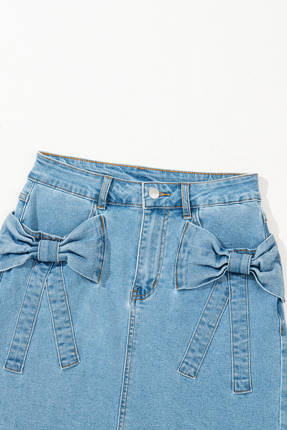 Dusk Blue Acid Wash Bowknot Details High Waist Denim Skirt eAura