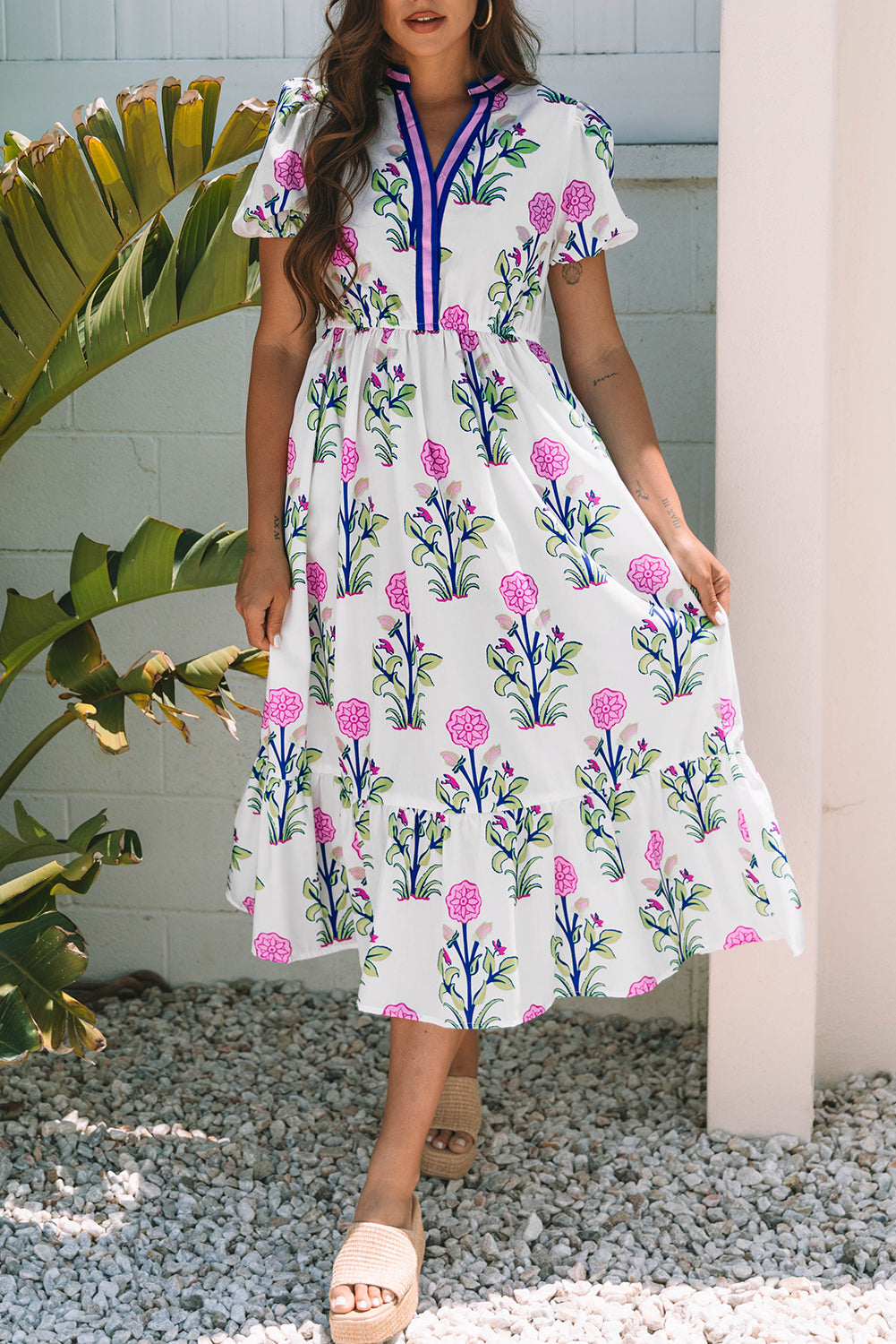 Floral Puff Short Sleeve V Neck High Waist Maxi Dress eAura