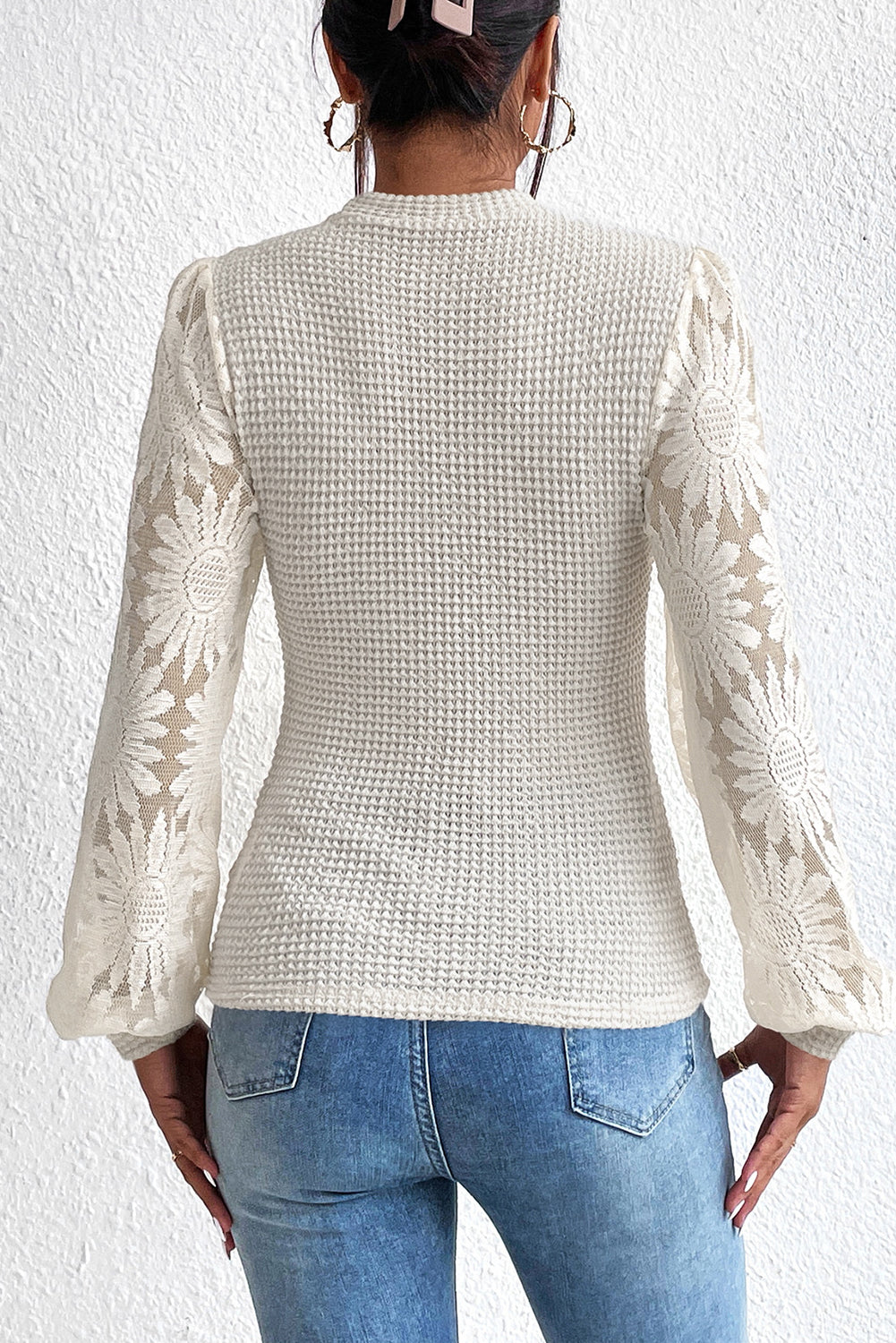Peach Blossom Sunflower Mesh Bubble Sleeve Waffle Knit Top eAura