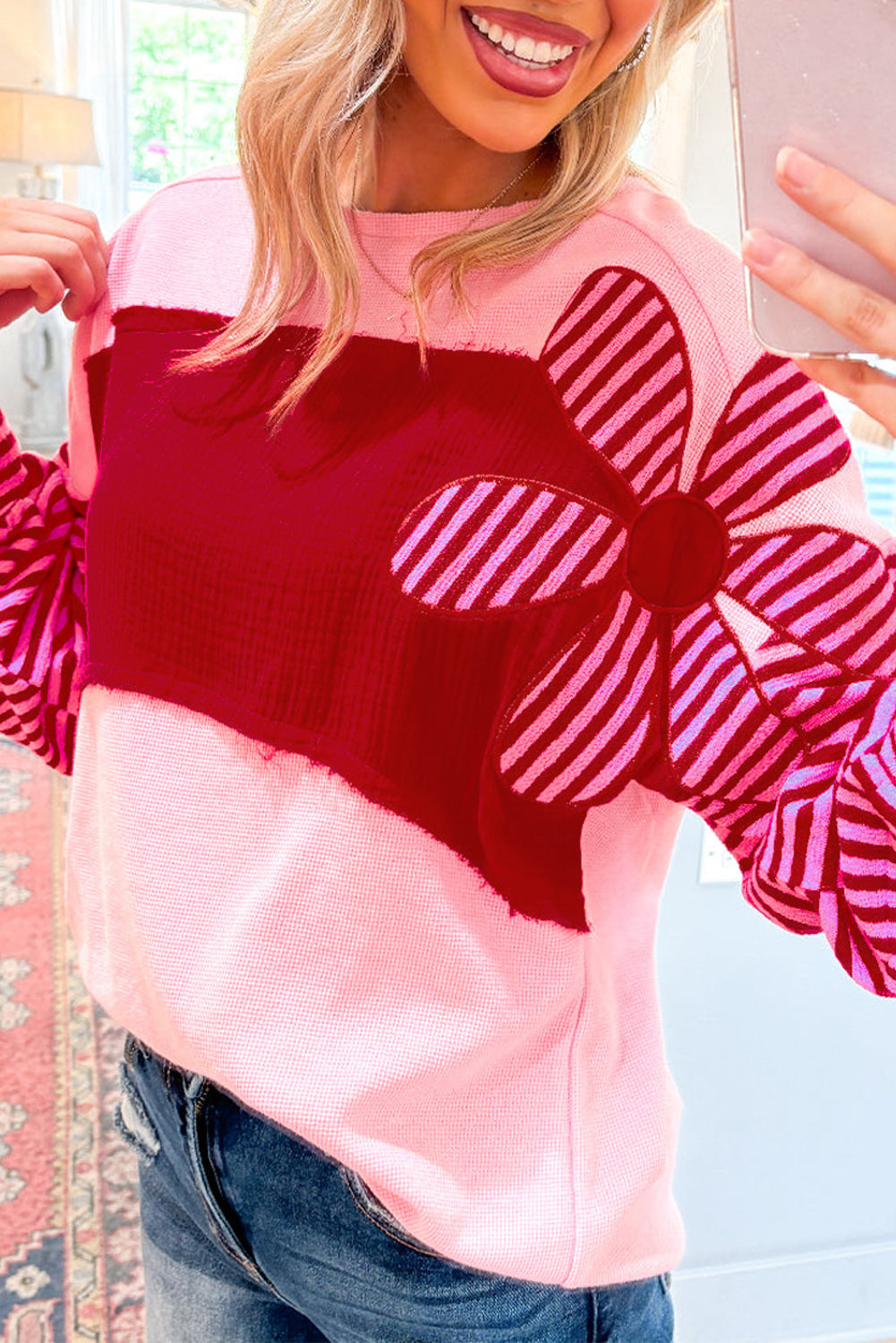 Pink Floral Patch Colour Block Striped Sleeve Textured Top eAura