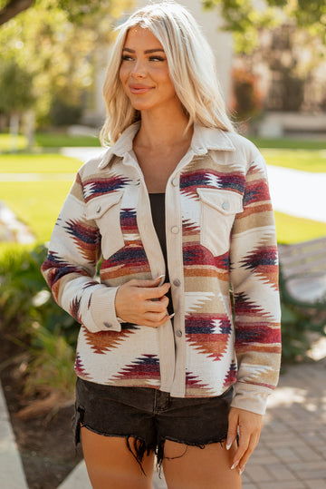Western Aztec Ribbed Patchwork Double Flap Pocket Raw Hem Shacket eAura