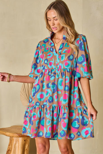 Green Leopard Print Bubble Sleeve Slit Neck Ruffled Dress eAura