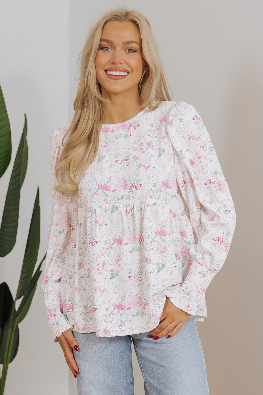 Pink Floral Print Shirred Balloon Sleeve Keyhole Back Babydoll Blouse eAura