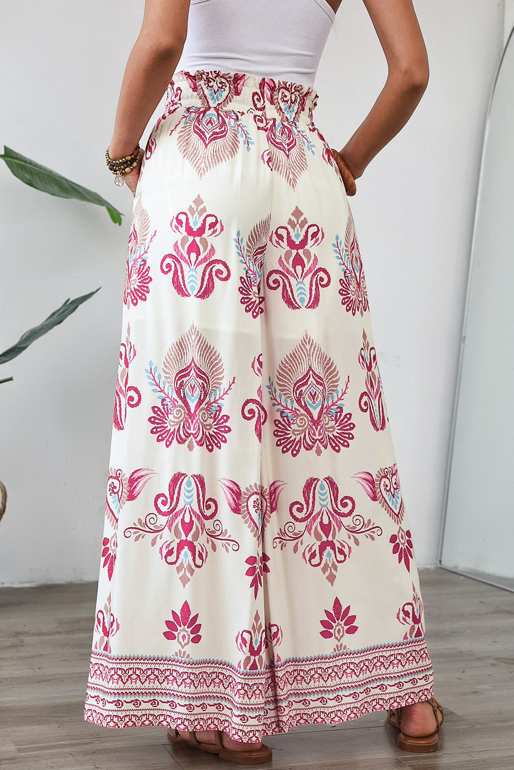 Rose Boho Print Shirred High Waist Wide Leg Trousers eAura