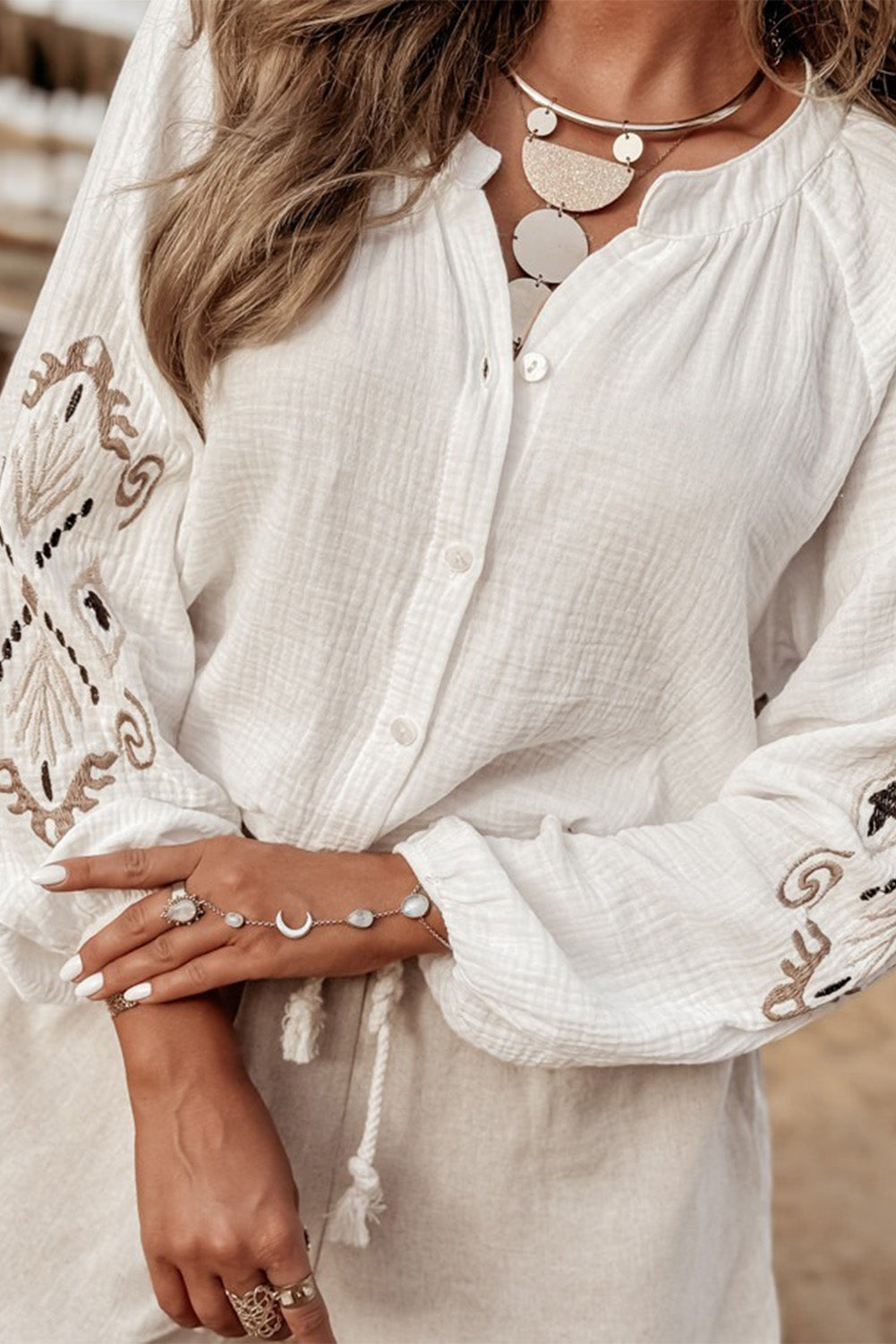 White Embroidered Textured Buttoned Crew Neck Shirt eAura