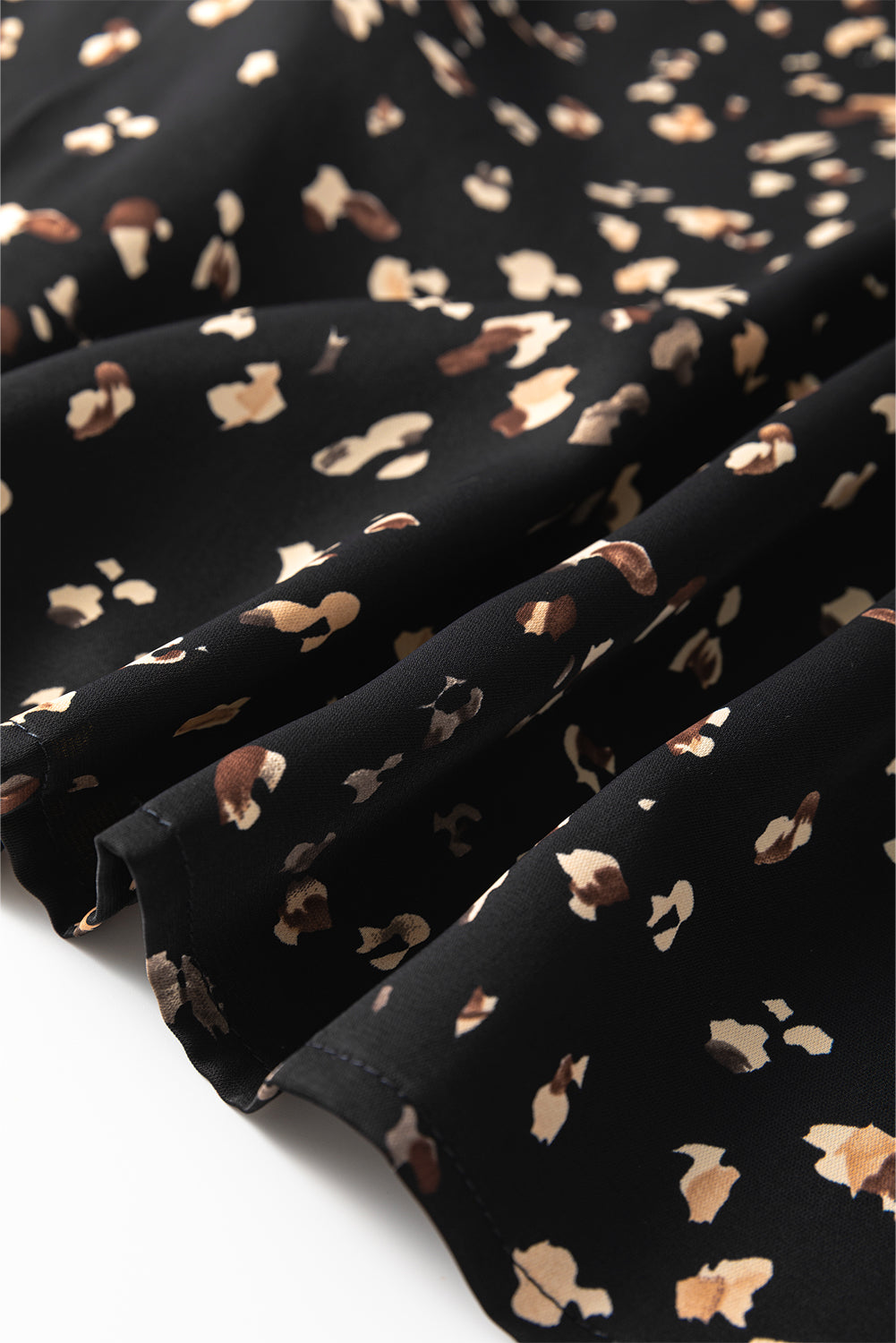 Black Leopard Print Lantern Sleeve Mock Neck Pleated Blouse eAura