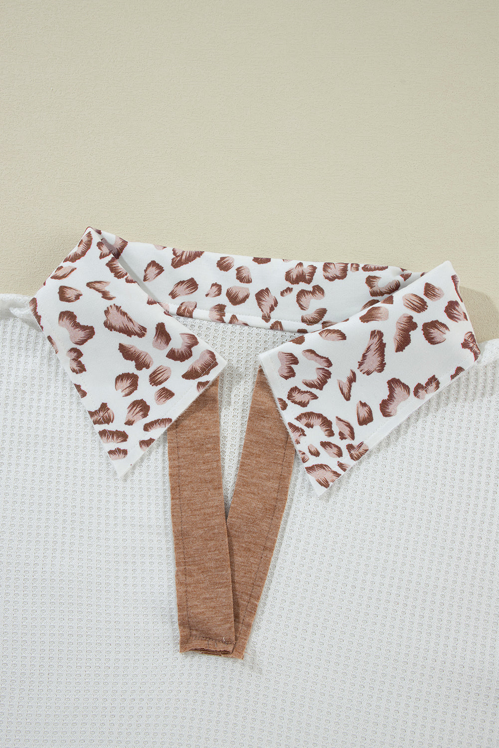 White Leopard Patchwork Turn-down Collar Waffle Top eAura