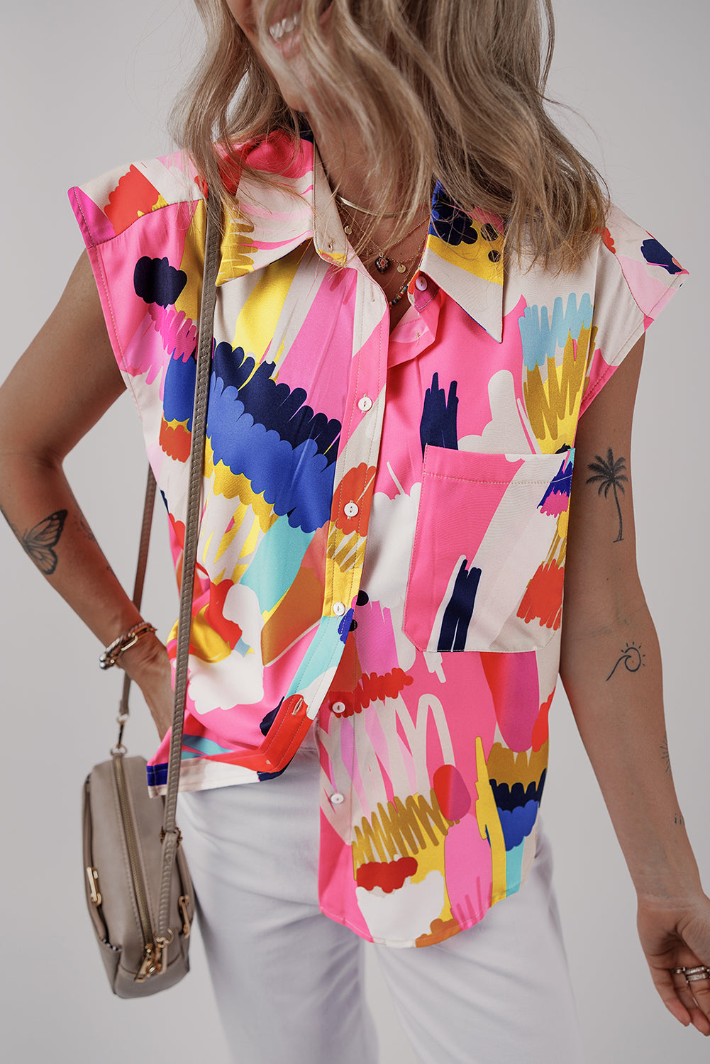 Multicolour Abstract Print Collared Cap Sleeve Casual Shirt eAura