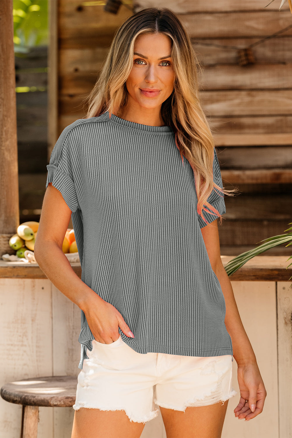 Textured Knit Exposed Stitching T-shirt eAura