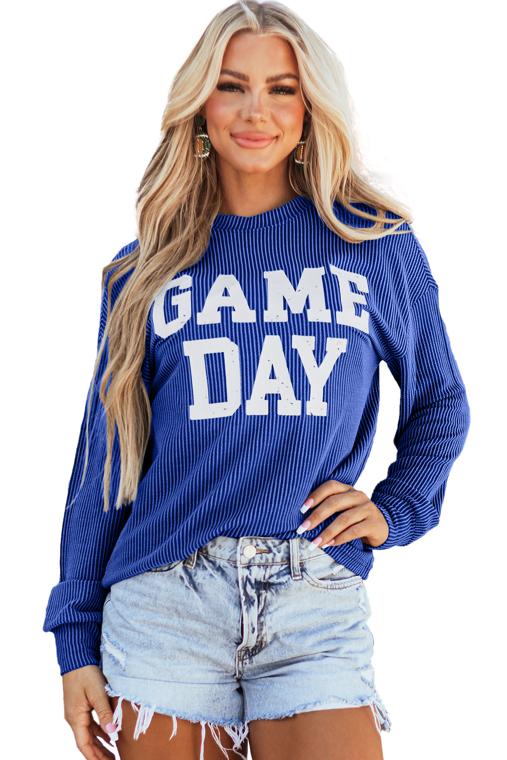 Bluing Ribbed GAME DAY Graphic Long Sleeve Crewneck Top eAura
