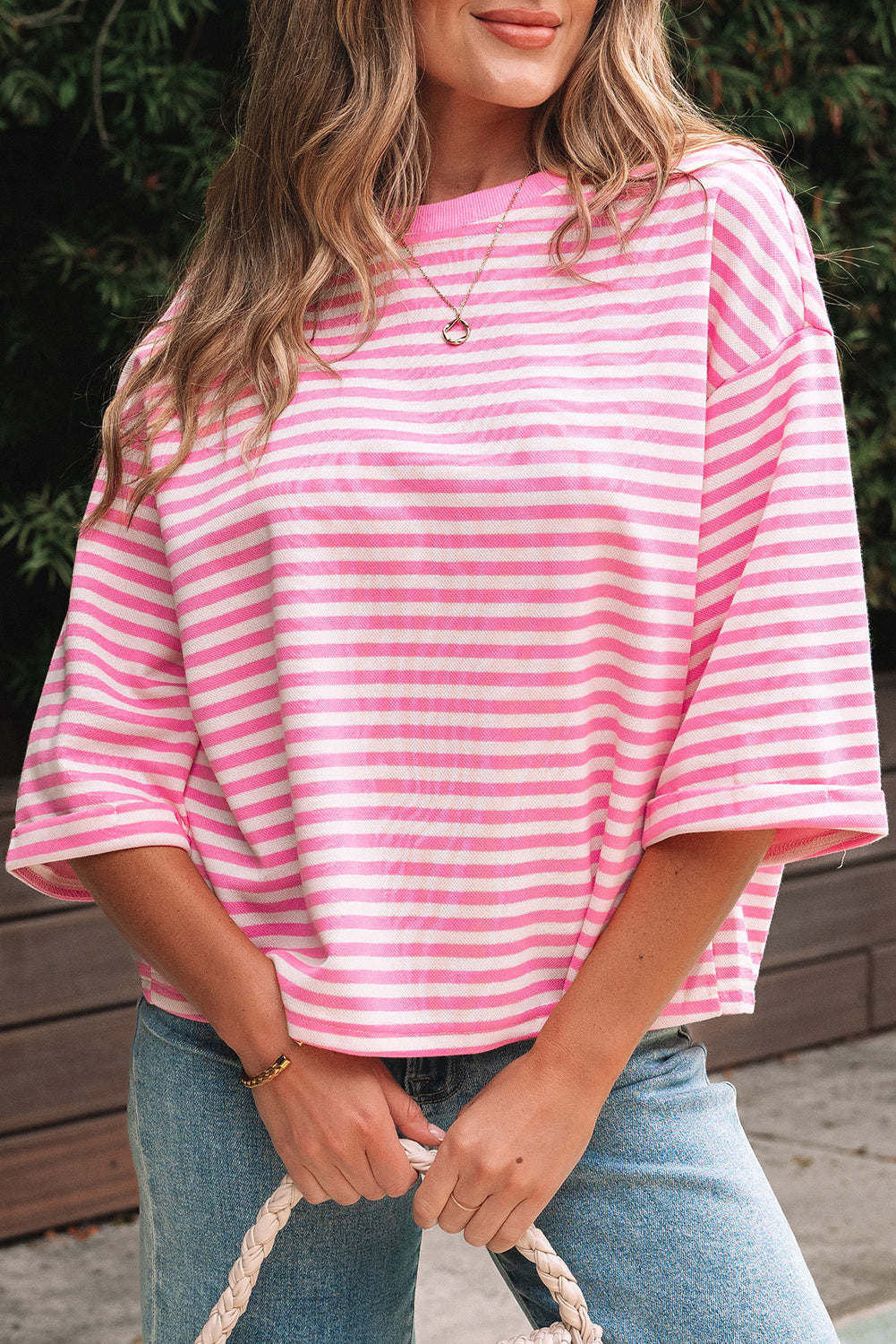 Pink Stripe Bowknot Cutout Back Drop Shoulder Wide Bracelet Sleeve Loose Tee eAura