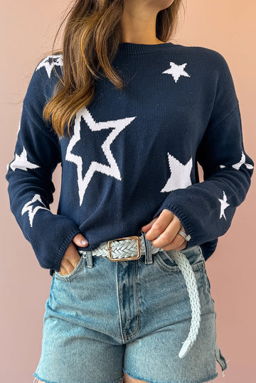 Sail Blue Star Pattern Drop Shoulder Knitted Sweater eAura