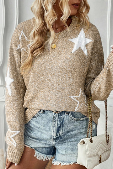 Khaki Star Pattern Drop Shoulder Plus Size Sweater Beagle Boutique Fashion Outlet