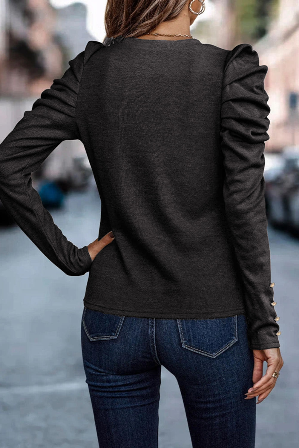 Khaki Buttoned Puff Long Sleeve Sheath Top eAura