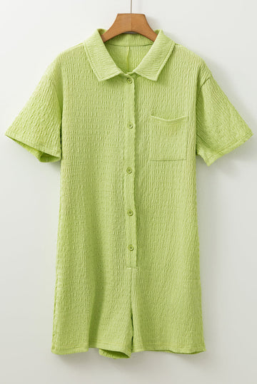 Meadow Mist Green Textured Short Sleeve Patched Pocket Buttoned Shirt Romper eAura