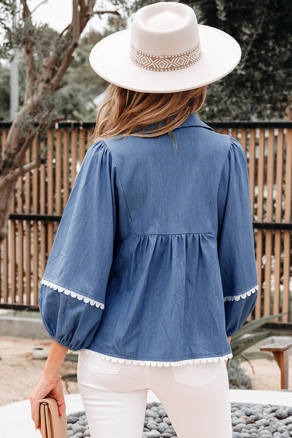 Dusk Blue Lace Ric Rac 3/4 Puff Sleeve Collared Babydoll Blouse eAura