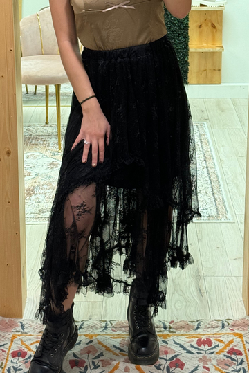 Black Lace Cascading Tiered High Waist Maxi Skirt eAura