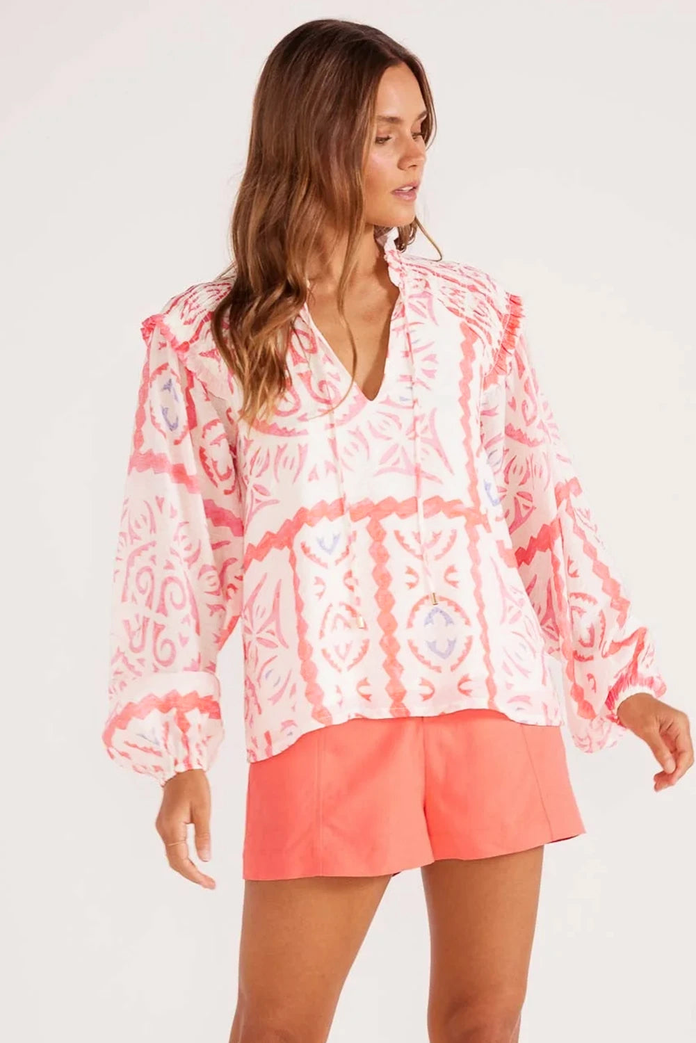 Desert Flower Vintage Print Smocked Poet Collar Billowy Blouson Sleeves Blouse eAura