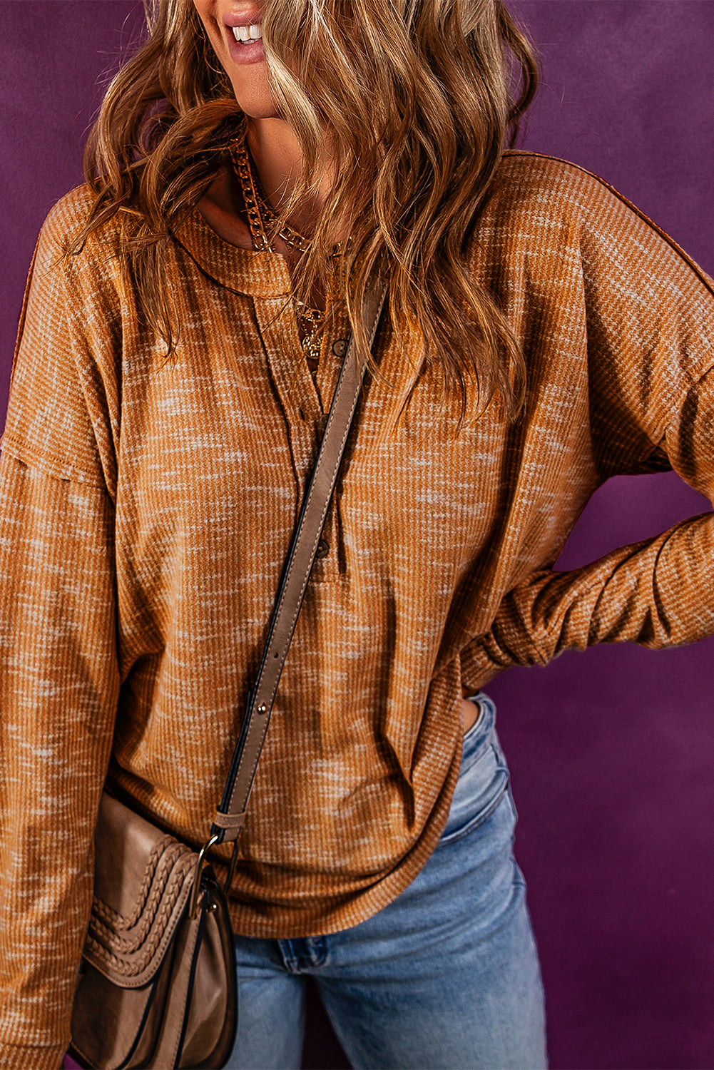 Mustard Rib Knit Drop Shoulder Long Sleeve Henley Top eAura