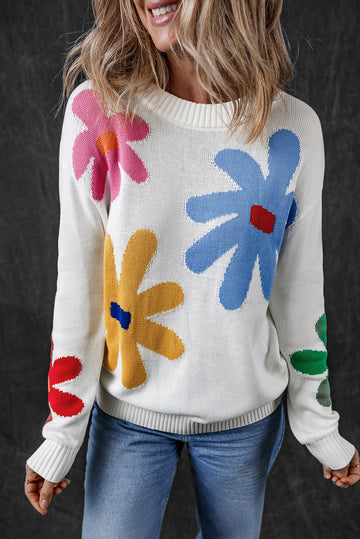 White Colourful Big Flower Pattern Crewneck Sweater eAura