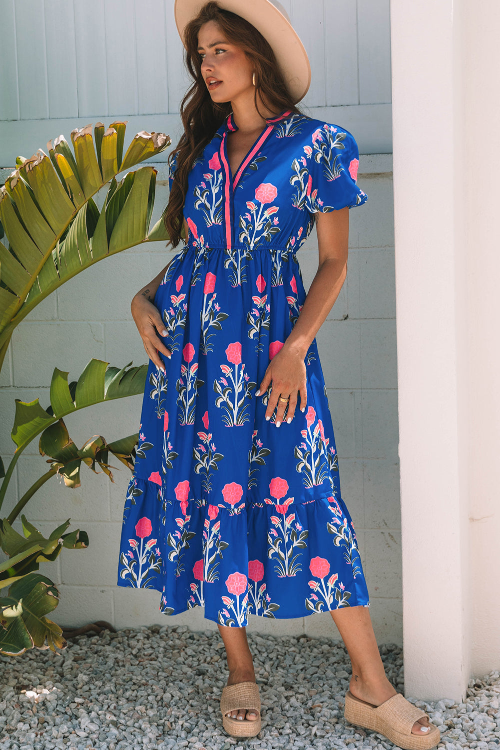 Floral Puff Short Sleeve V Neck High Waist Maxi Dress eAura