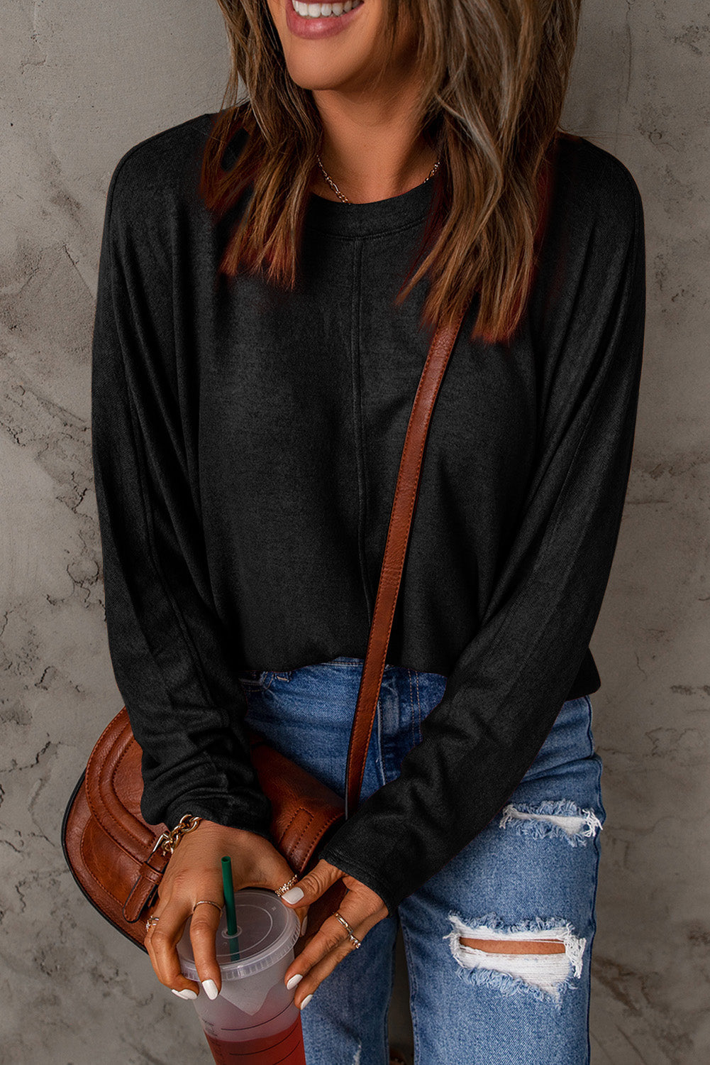 Black Solid Colour Patchwork Long Sleeve Top eAura