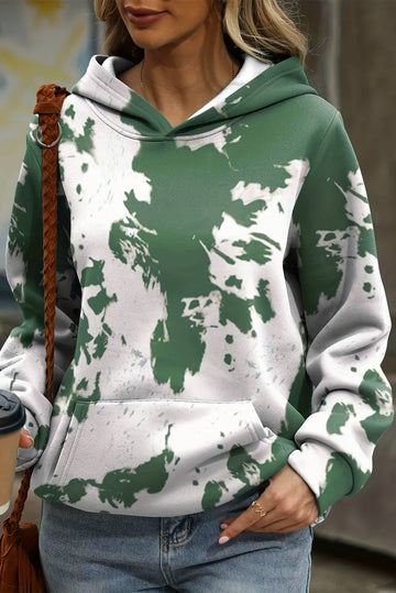 Green Tie Dye Print Kangaroo Pocket Loose Hoodie eAura