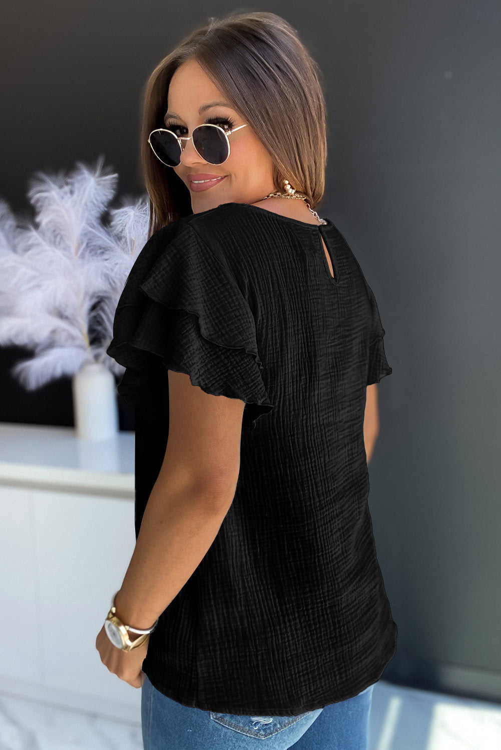 Pink Textured Tiered Ruffled Short Sleeve Blouse eAura
