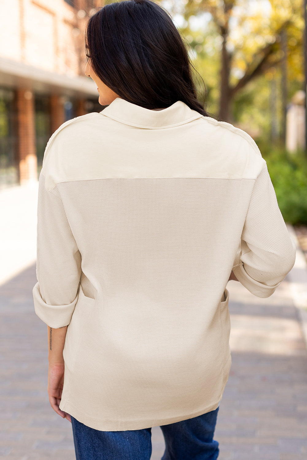 Jet Stream Waffle Long Sleeve Collar Half Button Loose Top eAura