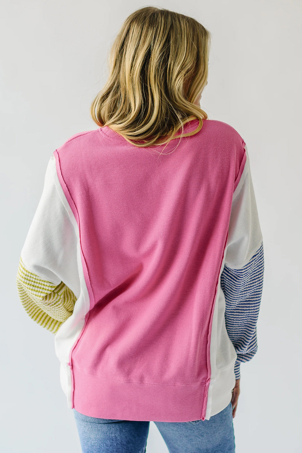 Sachet Pink Exposed Seam Striped Colour Block Patchwork Long Sleeve Top eAura