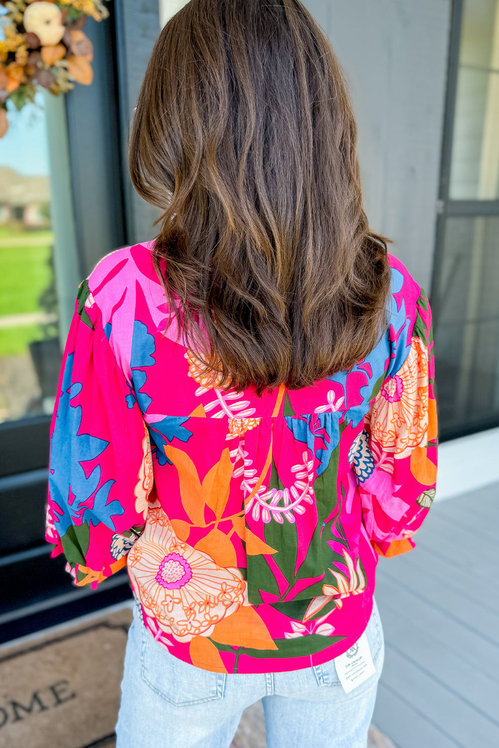 Rose Blooming Flower Print Ruffled Puff Sleeve Blouse eAura