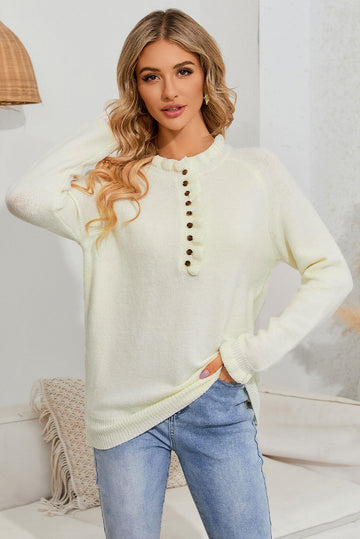 Beige Frill Trim Buttoned Knit Pullover Sweater eAura