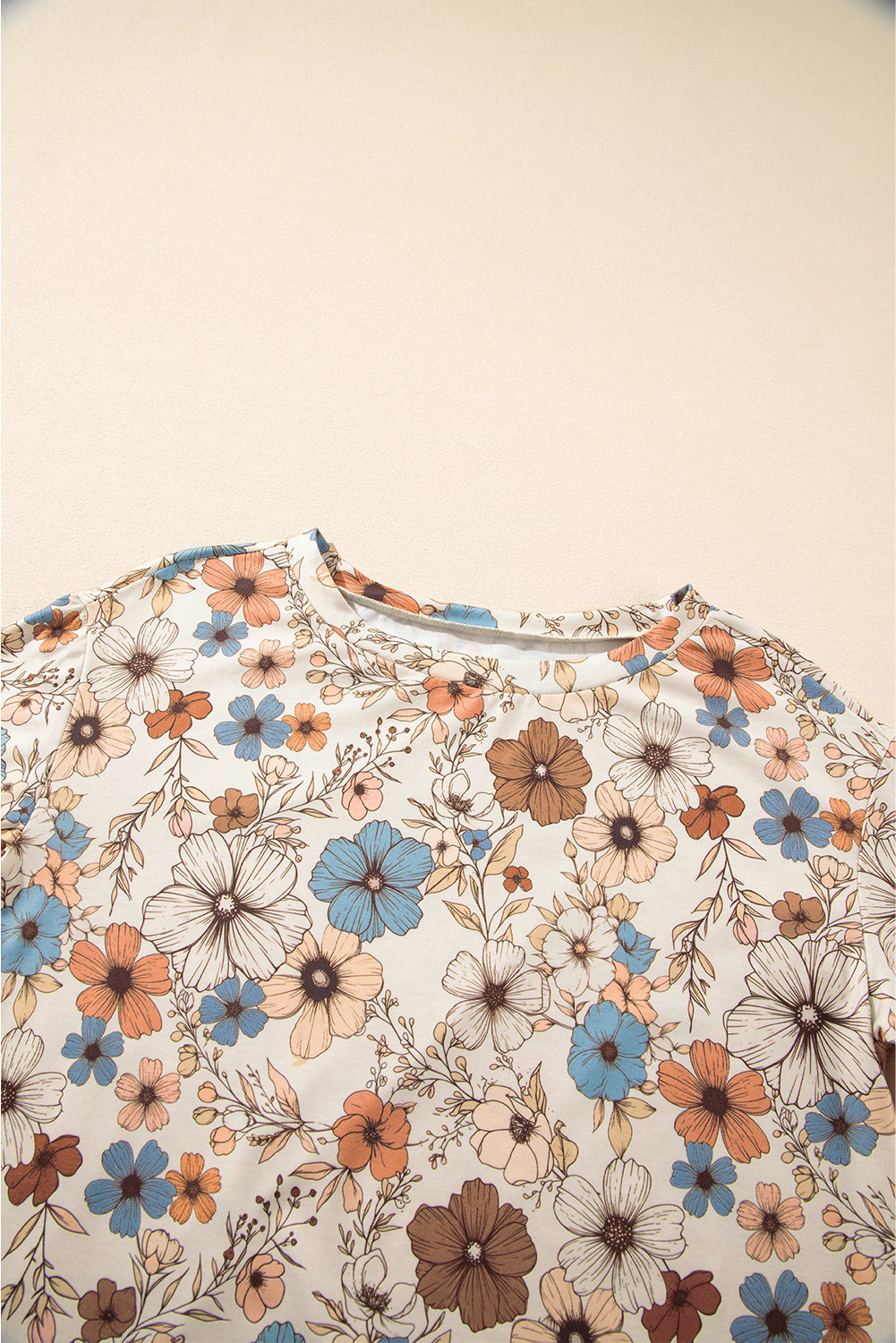 Khaki Floral Print Loose Crew Neck Long Sleeve T Shirt eAura