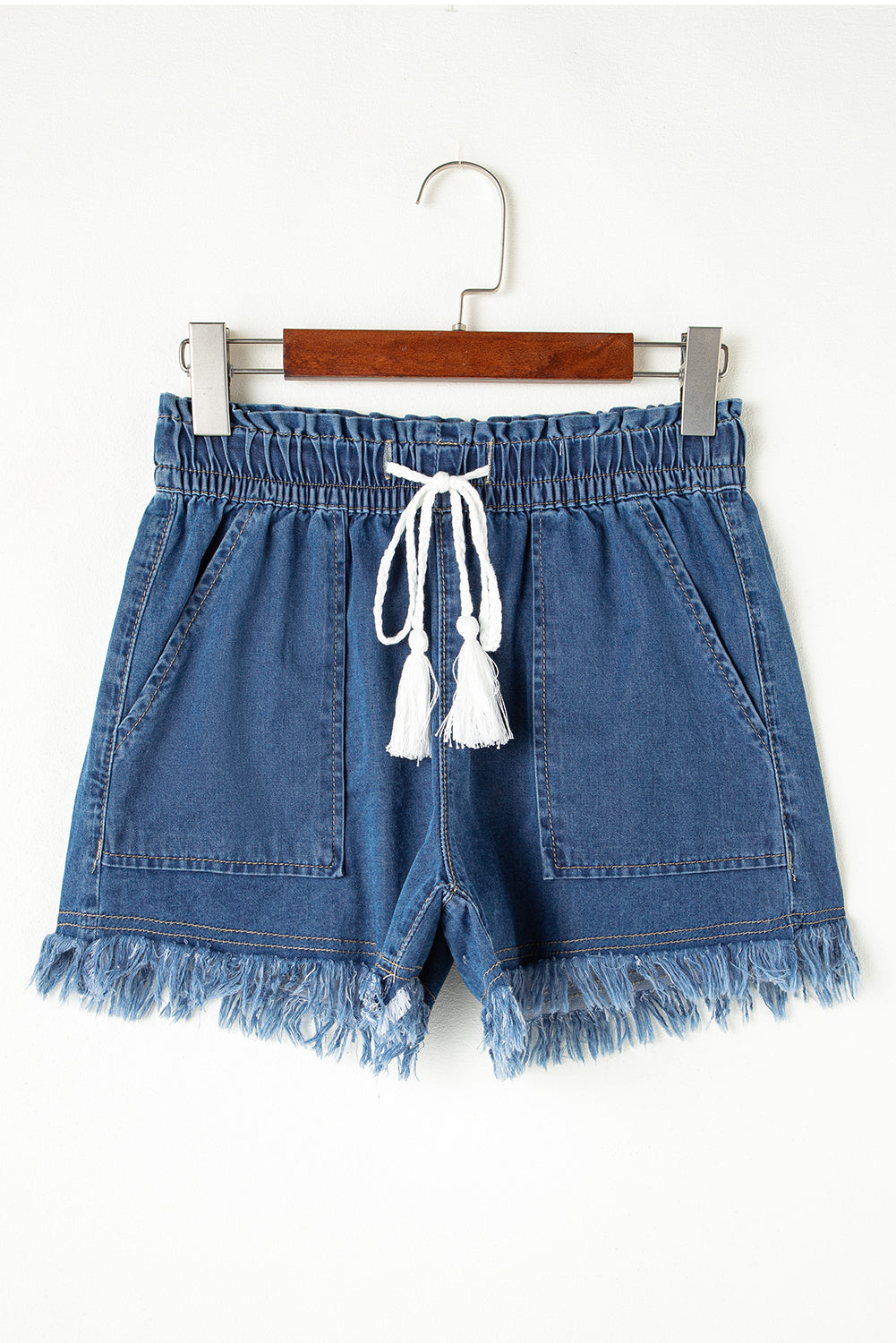 Ashleigh Blue Raw Hem Drawstring High Waist Denim Shorts with Pockets eAura