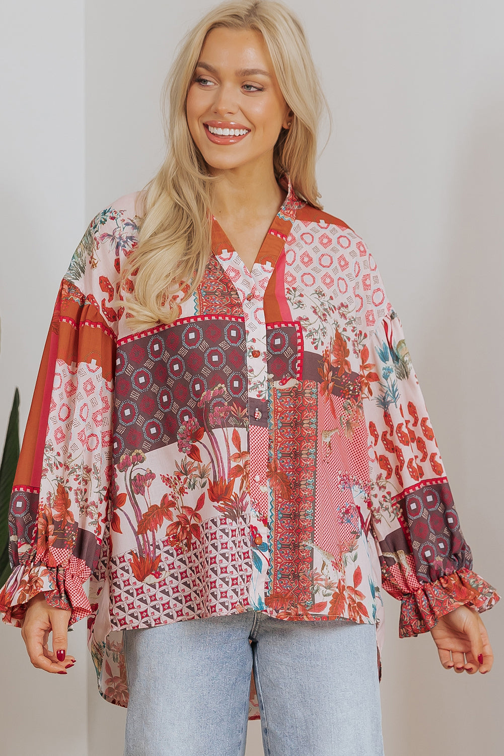 Red Boho Geometric Mixed Print Patchwork Bubble Sleeve Shirt eAura