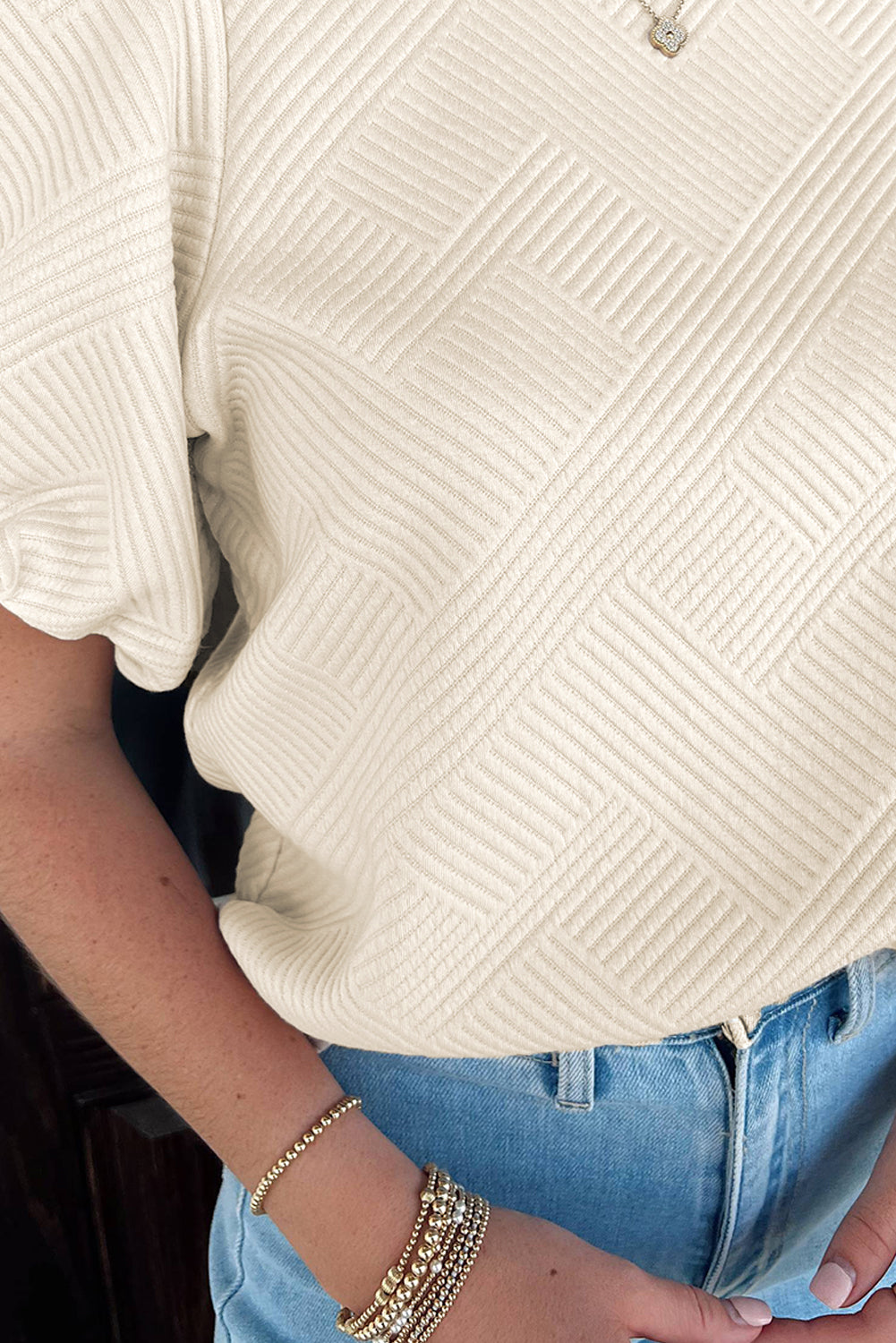 Oatmeal Textured Puff Sleeve T-shirt eAura