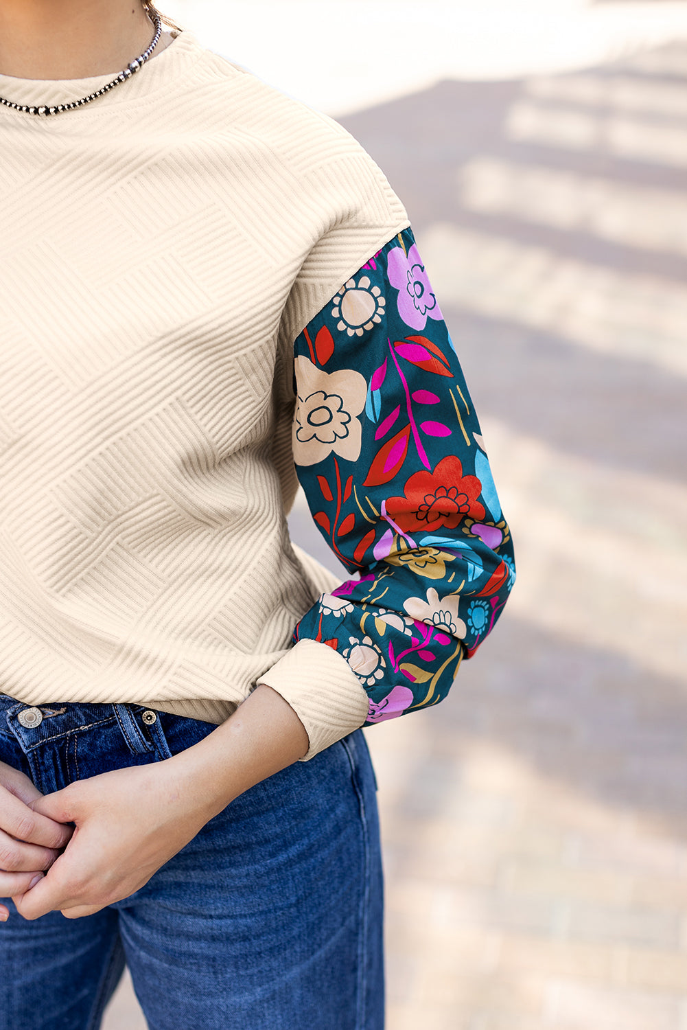 White Contrast Floral Sleeve Textured Drop Shoulder Knit Top eAura