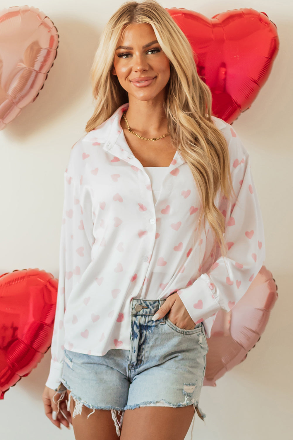 White Love Heart Print Drop Shoulder Puff Sleeve Shirt eAura